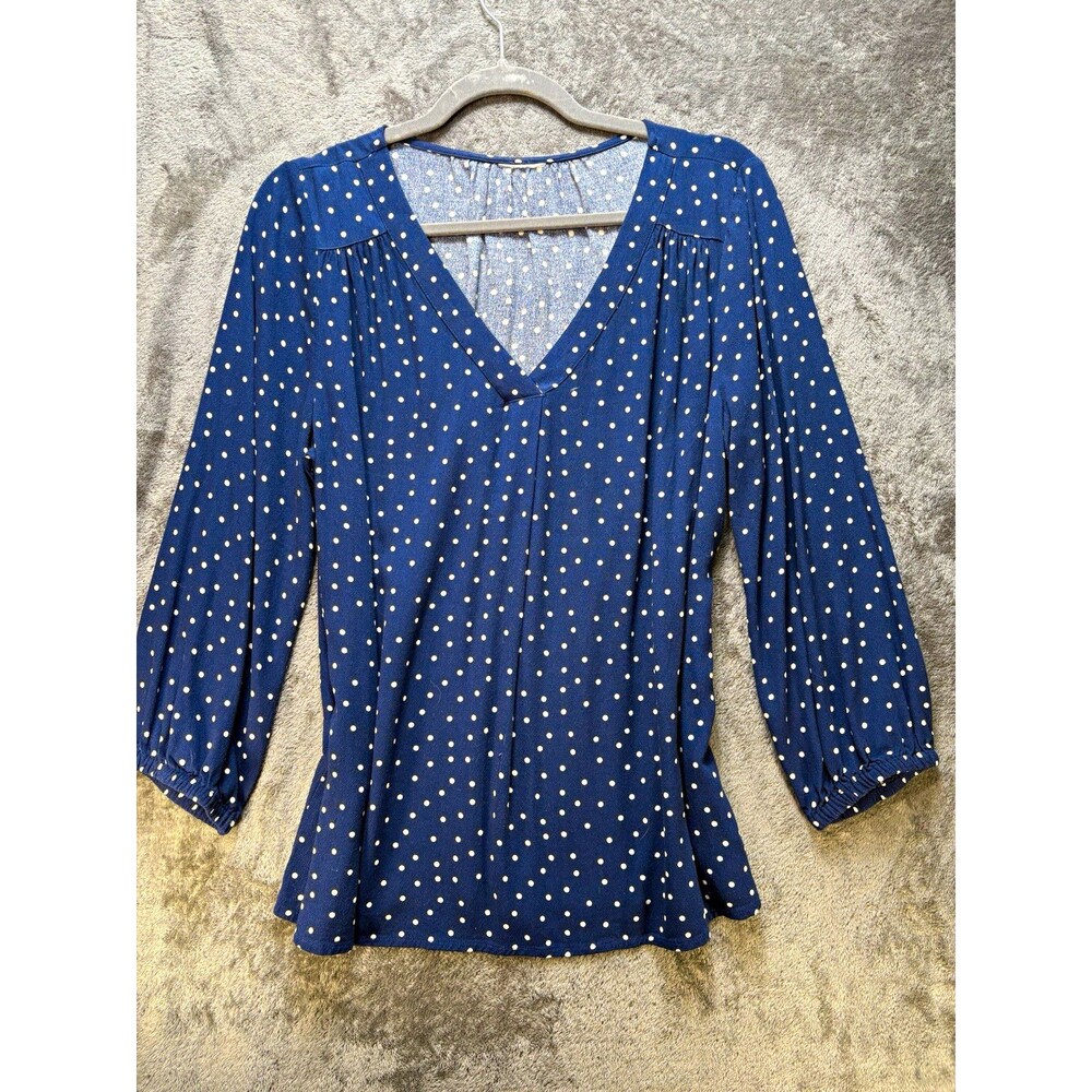 Women’s Blue White Polka Dot Rayon V-Neck 3/4 Sleeve Pullover Blouse M/L